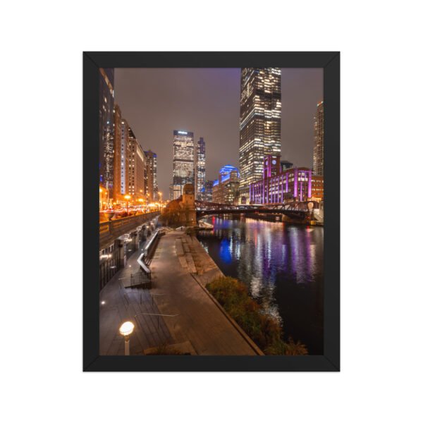 Chicago River Night City Lights Enhanced Matte Paper Framed Poster
