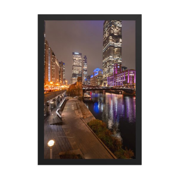 Chicago River Night City Lights Enhanced Matte Paper Framed Poster