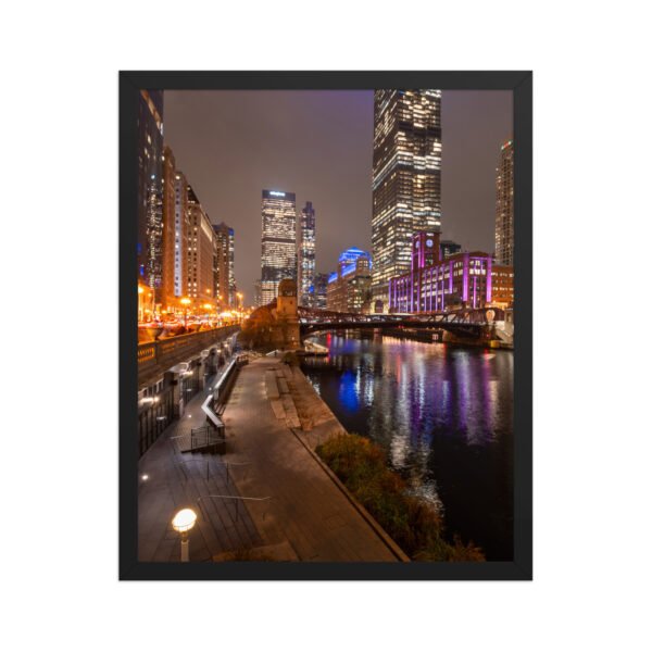 Chicago River Night City Lights Enhanced Matte Paper Framed Poster