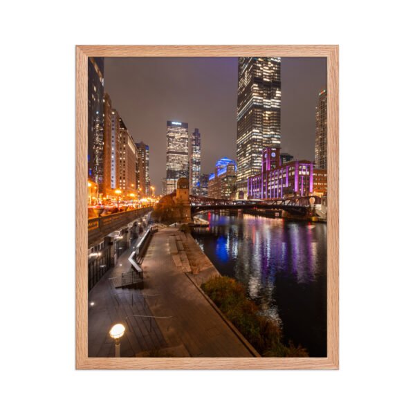 Chicago River Night City Lights Enhanced Matte Paper Framed Poster