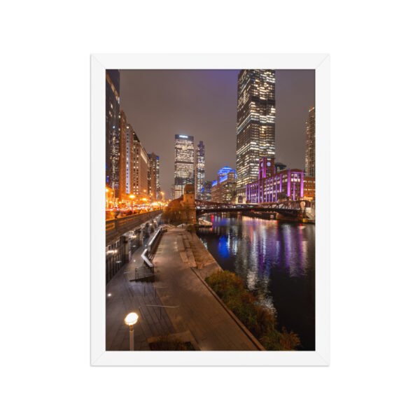 Chicago River Night City Lights Enhanced Matte Paper Framed Poster