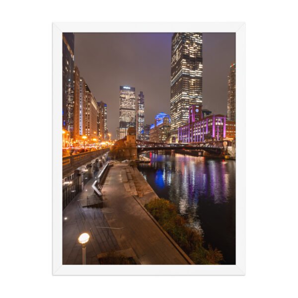 Chicago River Night City Lights Enhanced Matte Paper Framed Poster