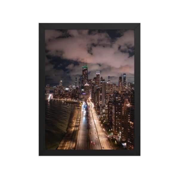 Chicago Lake Shore Drive Night Skyline Enhanced Matte Paper Framed Poster