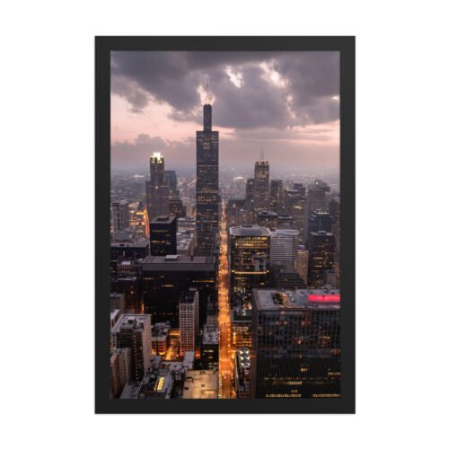Chicago Twilight Skyline Enhanced Matte Paper Framed Poster