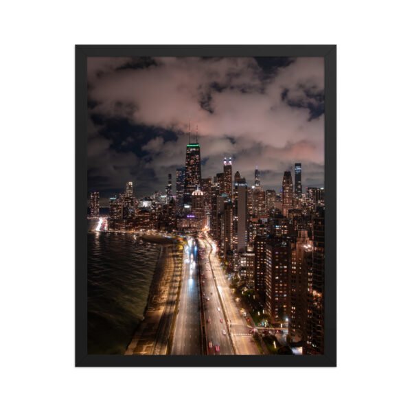 Chicago Lake Shore Drive Night Skyline Enhanced Matte Paper Framed Poster