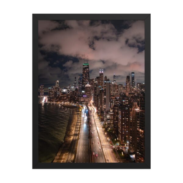 Chicago Lake Shore Drive Night Skyline Enhanced Matte Paper Framed Poster