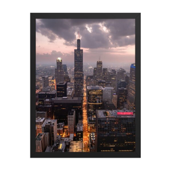 Chicago Twilight Skyline Enhanced Matte Paper Framed Poster