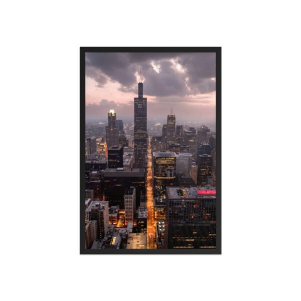 Chicago Twilight Skyline Enhanced Matte Paper Framed Poster