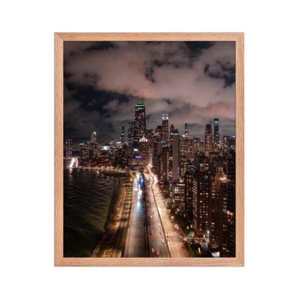 Chicago Lake Shore Drive Night Skyline Enhanced Matte Paper Framed Poster