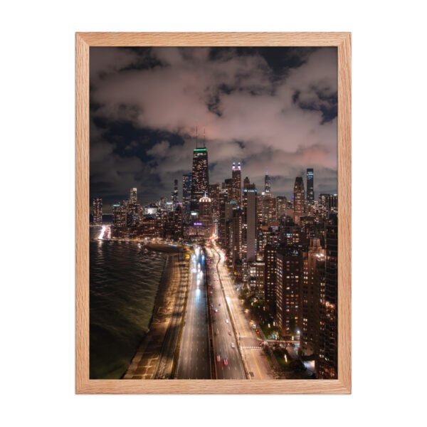 Chicago Lake Shore Drive Night Skyline Enhanced Matte Paper Framed Poster