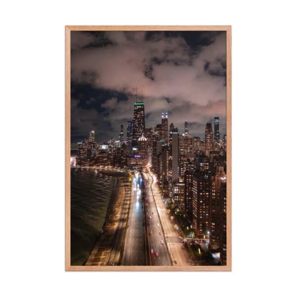 Chicago Lake Shore Drive Night Skyline Enhanced Matte Paper Framed Poster