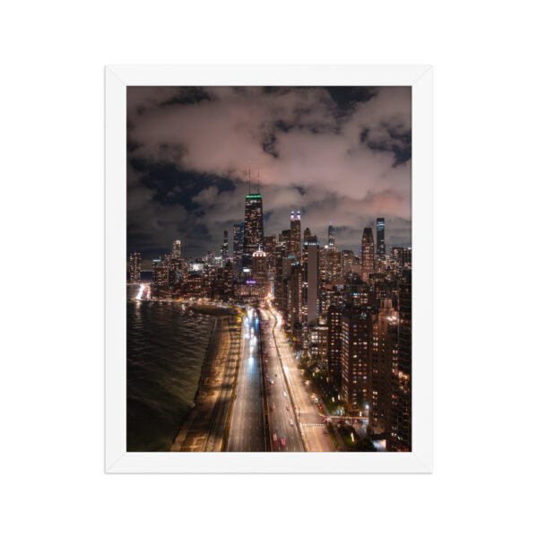 Chicago Lake Shore Drive Night Skyline Enhanced Matte Paper Framed Poster