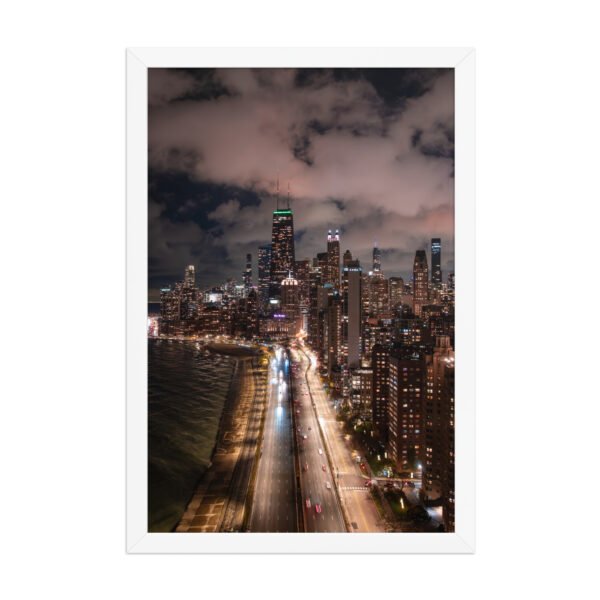 Chicago Lake Shore Drive Night Skyline Enhanced Matte Paper Framed Poster