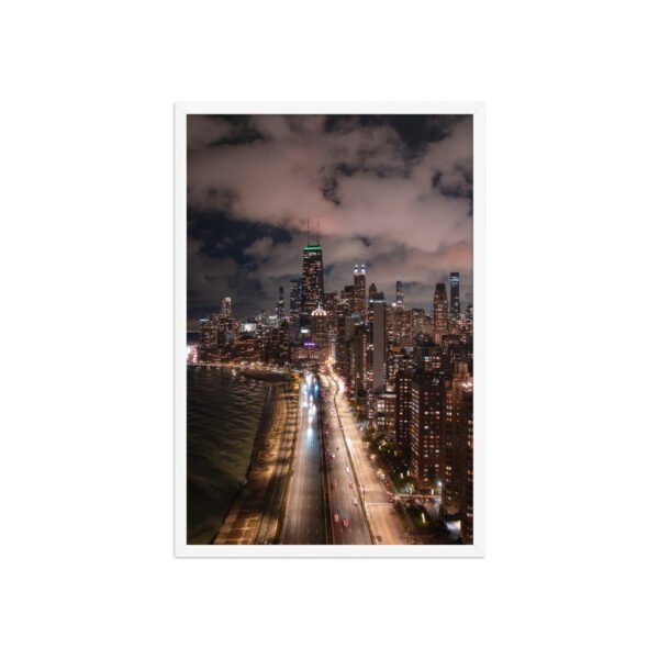Chicago Lake Shore Drive Night Skyline Enhanced Matte Paper Framed Poster