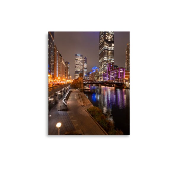 Chicago River Night City Lights Enhanced Matt Paper Poster