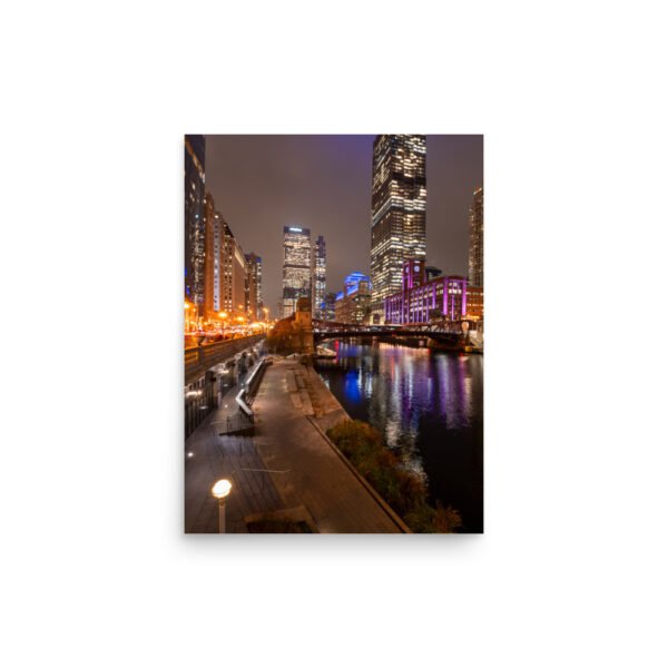 Chicago River Night City Lights Enhanced Matt Paper Poster