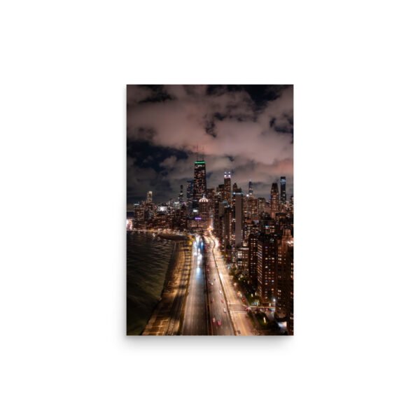Chicago Lake Shore Drive Night Skyline Enhanced Matt Paper Poster