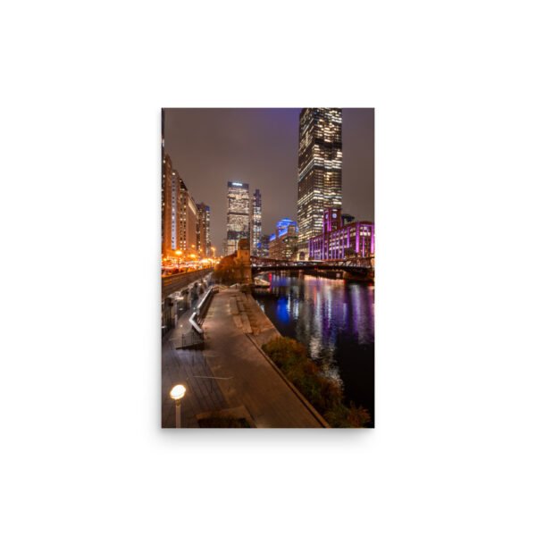 Chicago River Night City Lights Enhanced Matt Paper Poster