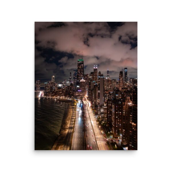 Chicago Lake Shore Drive Night Skyline Enhanced Matt Paper Poster