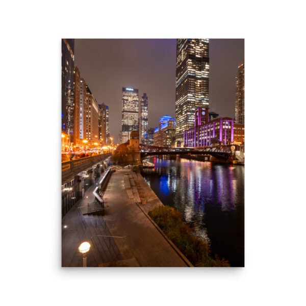 Chicago River Night City Lights Enhanced Matt Paper Poster