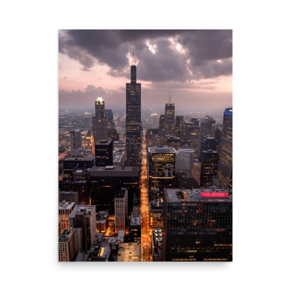 Chicago Twilight Skyline Enhanced Matt Paper Poster