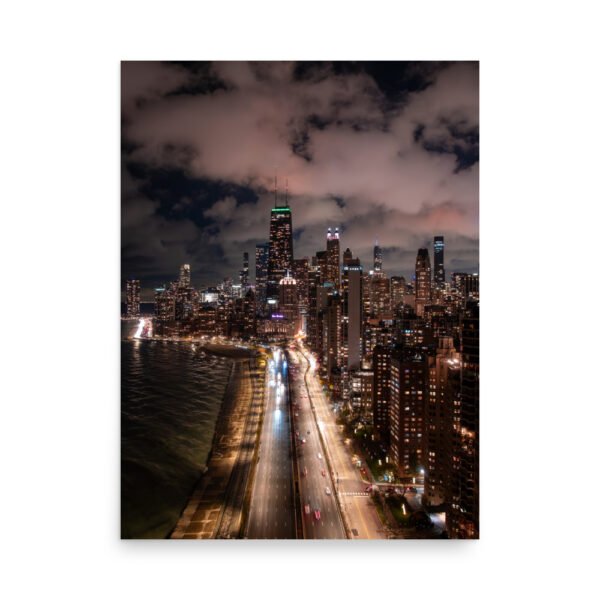 Chicago Lake Shore Drive Night Skyline Enhanced Matt Paper Poster