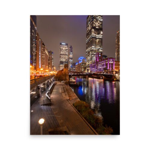 Chicago River Night City Lights Enhanced Matt Paper Poster
