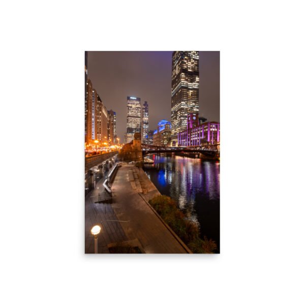 Chicago River Night City Lights Enhanced Matt Paper Poster