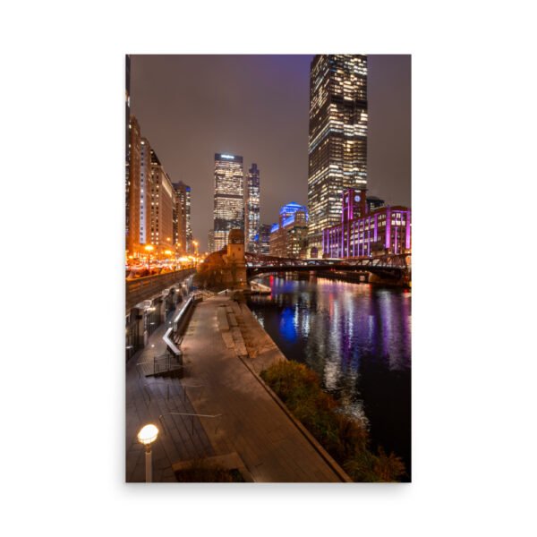 Chicago River Night City Lights Enhanced Matt Paper Poster