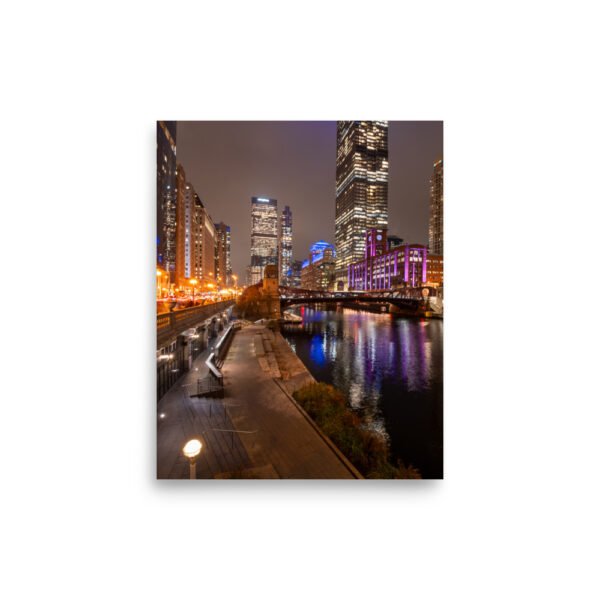 Chicago River Night City Lights Enhanced Matt Paper Poster