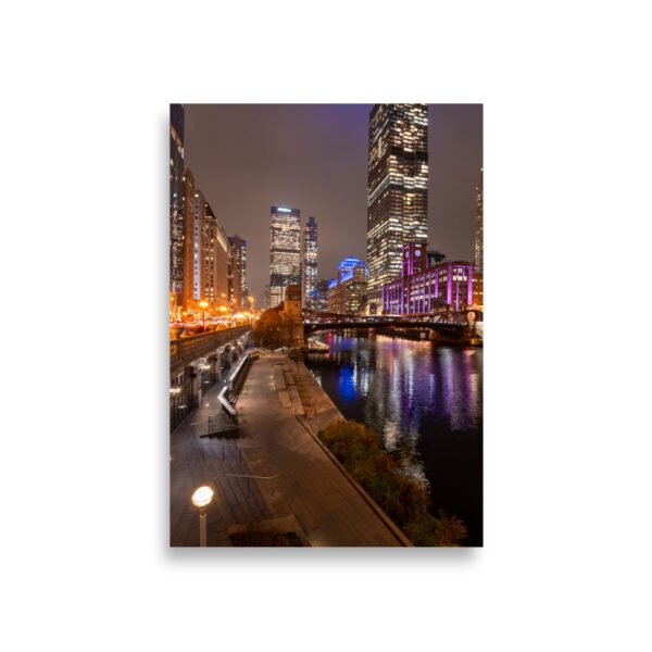 Chicago River Night City Lights Enhanced Matt Paper Poster