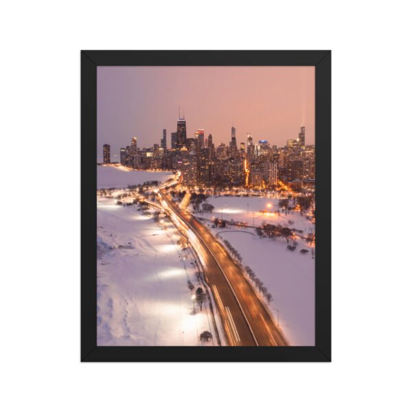 Chicago Snowy Lake Shore Drive Night Skyline Winter Cityscape Enhanced Matte Paper Framed Poster