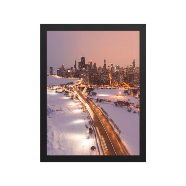 Chicago Snowy Lake Shore Drive Night Skyline Winter Cityscape Enhanced Matte Paper Framed Poster