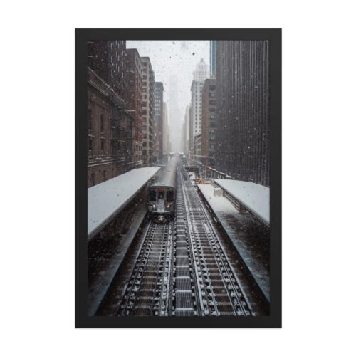 Chicago Snow L Train Tracks Winter Cityscape Enhanced Matte Paper Framed Poster