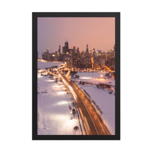 Chicago Snowy Lake Shore Drive Night Skyline Winter Cityscape Enhanced Matte Paper Framed Poster