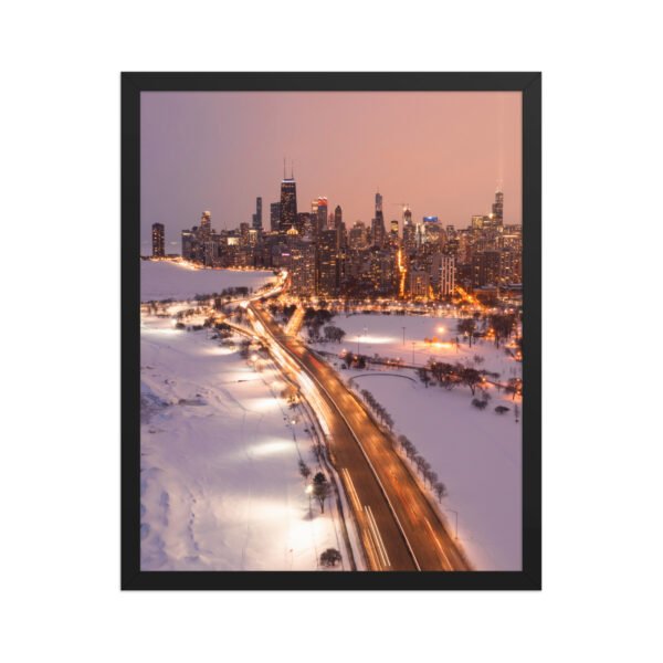 Chicago Snowy Lake Shore Drive Night Skyline Winter Cityscape Enhanced Matte Paper Framed Poster
