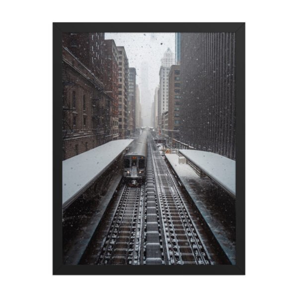 Chicago Snow L Train Tracks Winter Cityscape Enhanced Matte Paper Framed Poster