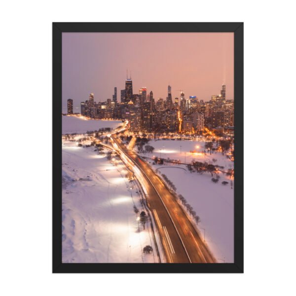 Chicago Snowy Lake Shore Drive Night Skyline Winter Cityscape Enhanced Matte Paper Framed Poster