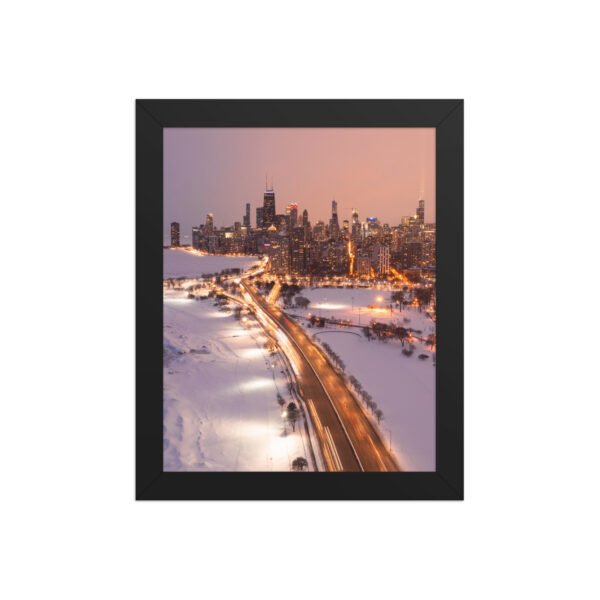 Chicago Snowy Lake Shore Drive Night Skyline Winter Cityscape Enhanced Matte Paper Framed Poster