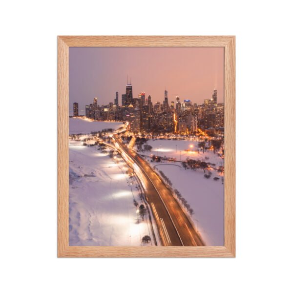 Chicago Snowy Lake Shore Drive Night Skyline Winter Cityscape Enhanced Matte Paper Framed Poster