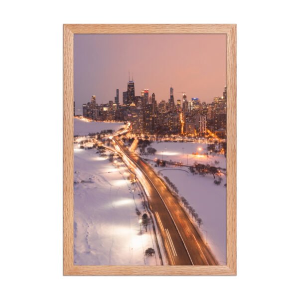 Chicago Snowy Lake Shore Drive Night Skyline Winter Cityscape Enhanced Matte Paper Framed Poster