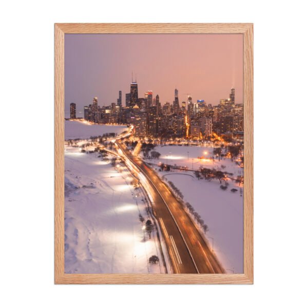 Chicago Snowy Lake Shore Drive Night Skyline Winter Cityscape Enhanced Matte Paper Framed Poster