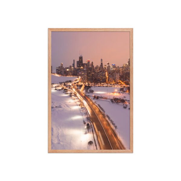 Chicago Snowy Lake Shore Drive Night Skyline Winter Cityscape Enhanced Matte Paper Framed Poster