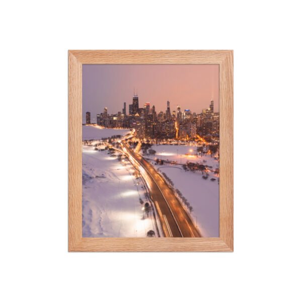 Chicago Snowy Lake Shore Drive Night Skyline Winter Cityscape Enhanced Matte Paper Framed Poster