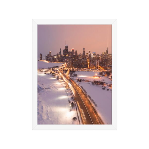 Chicago Snowy Lake Shore Drive Night Skyline Winter Cityscape Enhanced Matte Paper Framed Poster