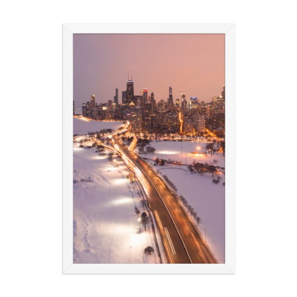 Chicago Snowy Lake Shore Drive Night Skyline Winter Cityscape Enhanced Matte Paper Framed Poster