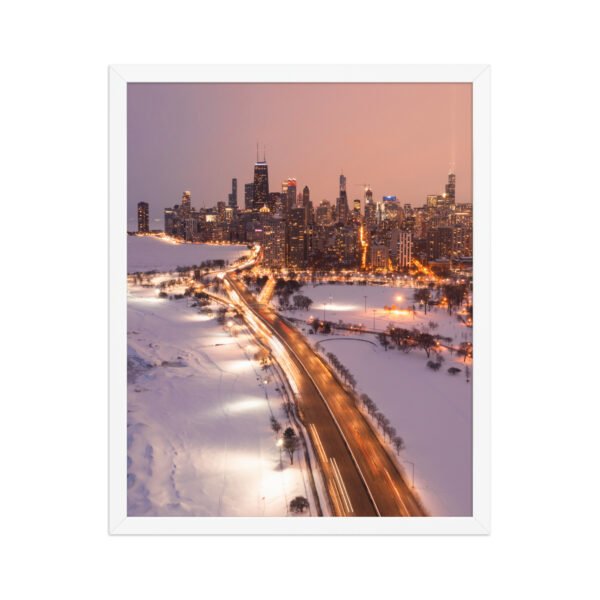 Chicago Snowy Lake Shore Drive Night Skyline Winter Cityscape Enhanced Matte Paper Framed Poster