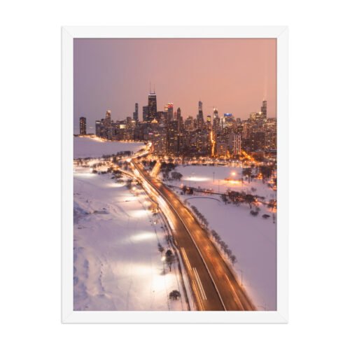 Chicago Snowy Lake Shore Drive Night Skyline Winter Cityscape Enhanced Matte Paper Framed Poster