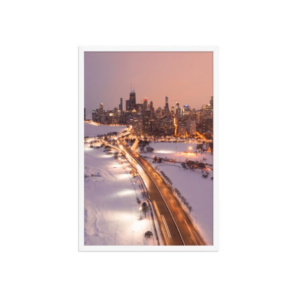 Chicago Snowy Lake Shore Drive Night Skyline Winter Cityscape Enhanced Matte Paper Framed Poster